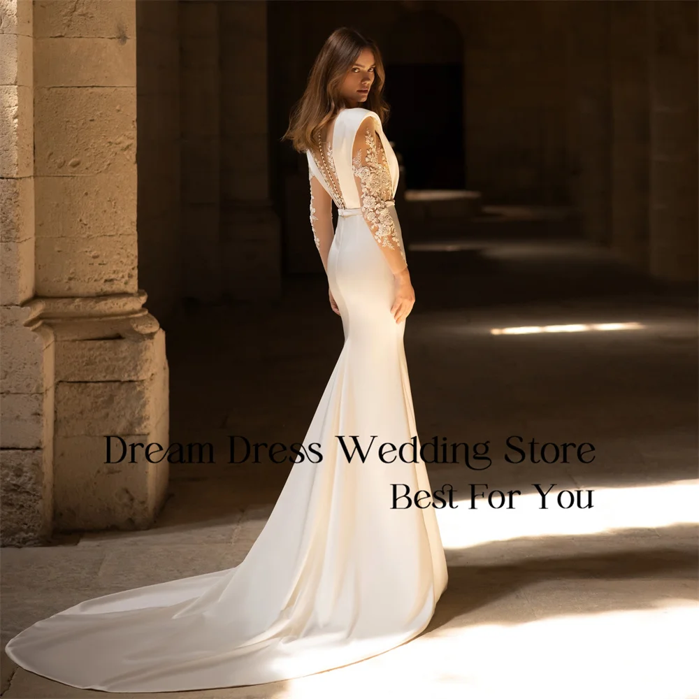 Dream Sexy Long Sleeve V-Neck Lace Wedding Dresses Appliqued Illusion Back Pleat Mermaid Bridal Gown Vestido De Novia Customized