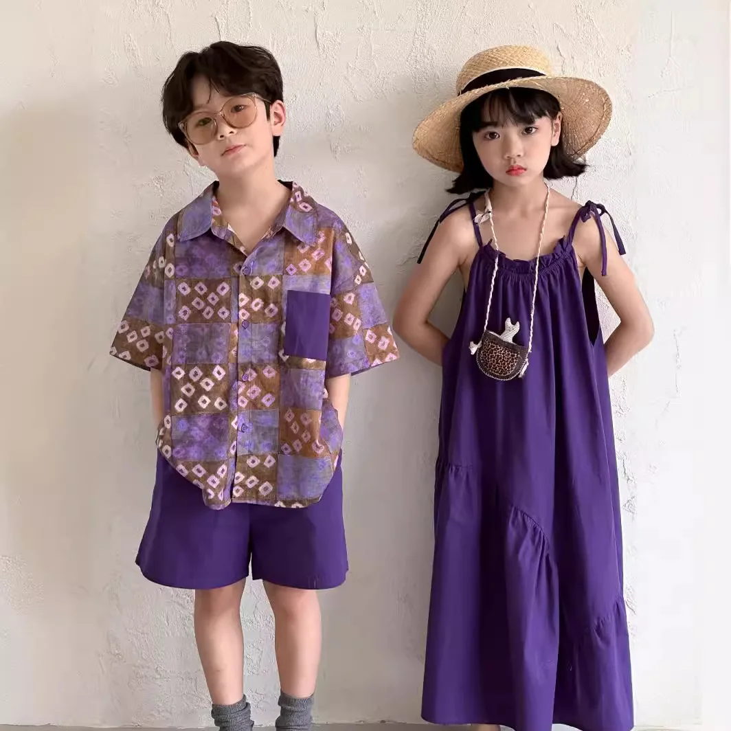 Summer Children Siblings Look Clothes Cotton Argyle Patched Shirt Solid Loose Shorts Babys Boy Suits Pure Color Strap Slip Dress