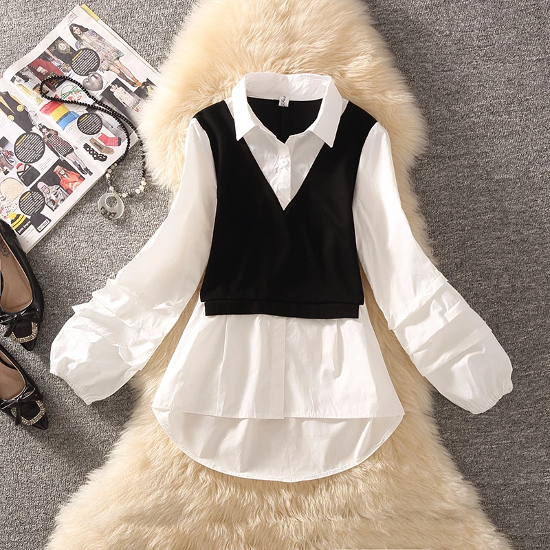 Slim Fit Long Sleeve Shirt Gentle Wind Splicing Fake Two-Piece Spring New Style High-End Lantern Sleeve Versatile Top Women's...