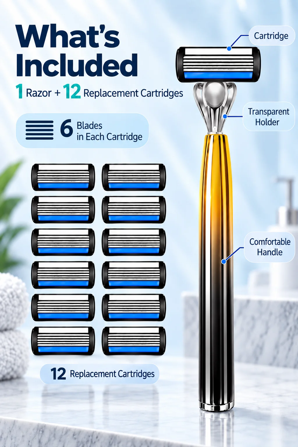 Men's Reusable Shaving Razor Set with 12 Replacement Cartridges 6 Blades Facial Shaving Razor
