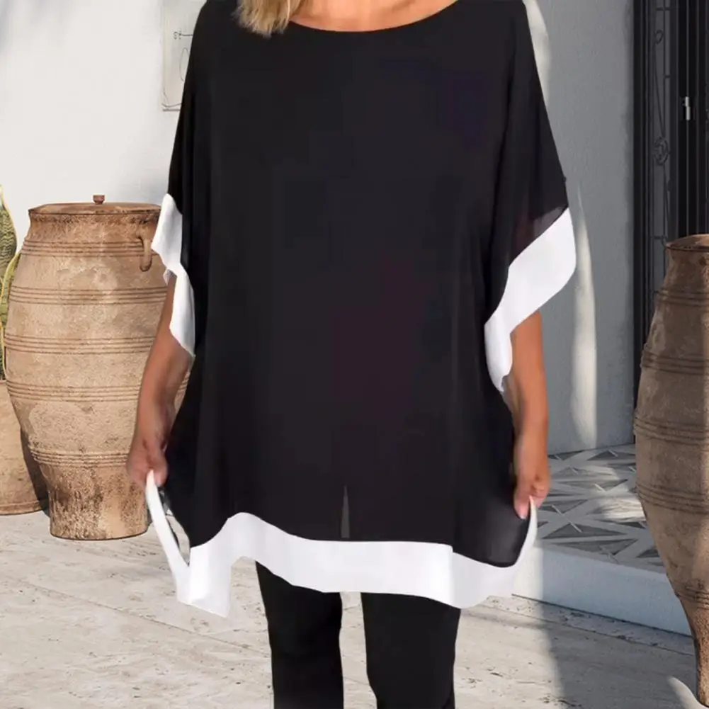 Patchwork Color Batwing Sleeve Top Batwing Sleeve Blouse Stylish Women's Summer Tops with Batwing Sleeves Color for Streetwear