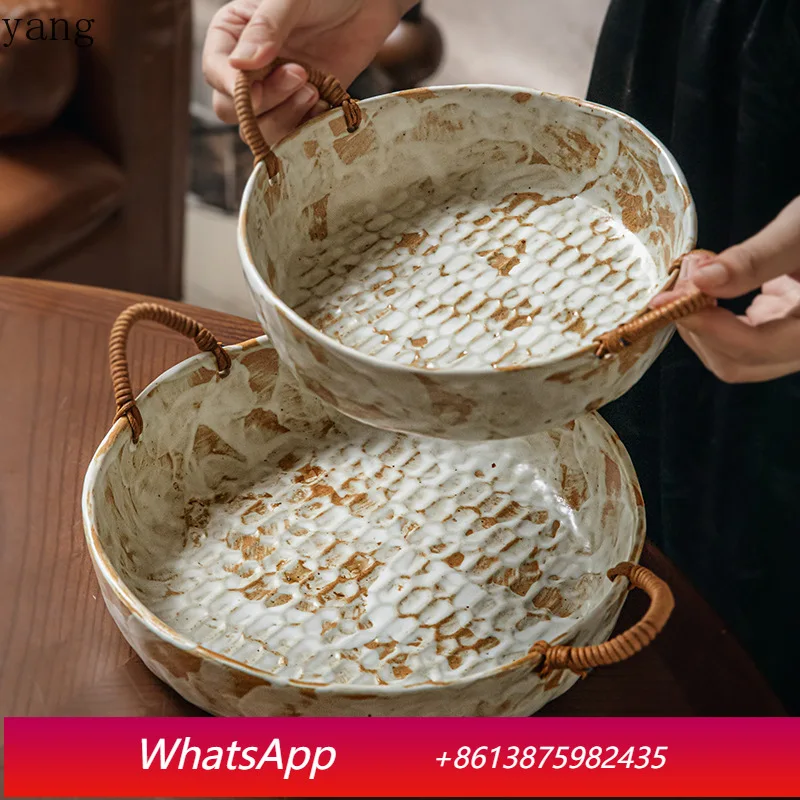 

LTT handmade coarse pottery hemp rope binaural bowl retro deep plate Joe fruit bowl