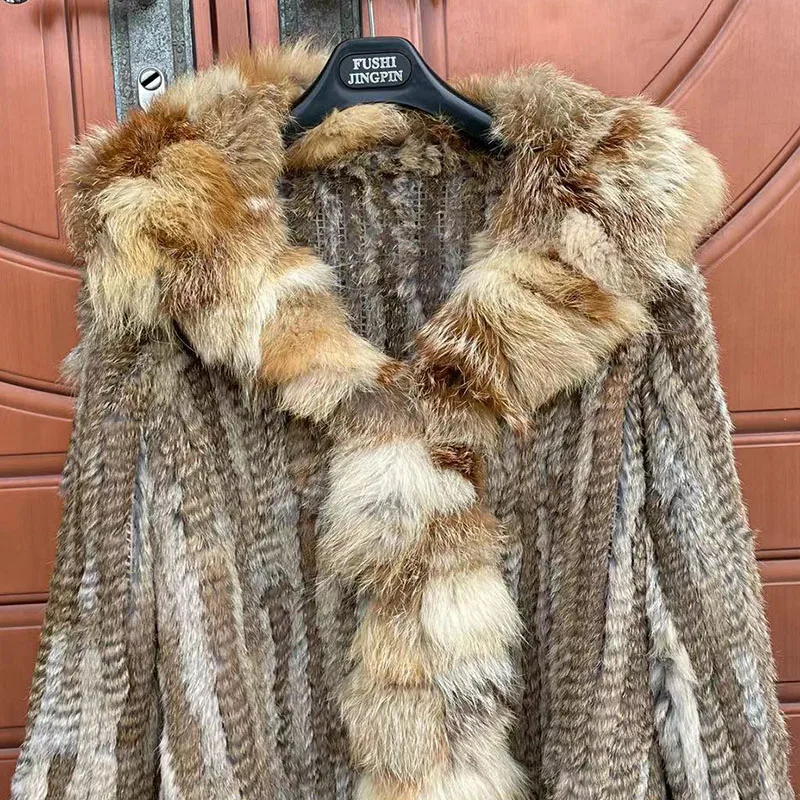 2023 New Women Knitted Real Rabbit Fur Coat With Real Fox Fur Collar Female Long Sleeve Autumn Luxury Genuine Rabbit Fur Jacket