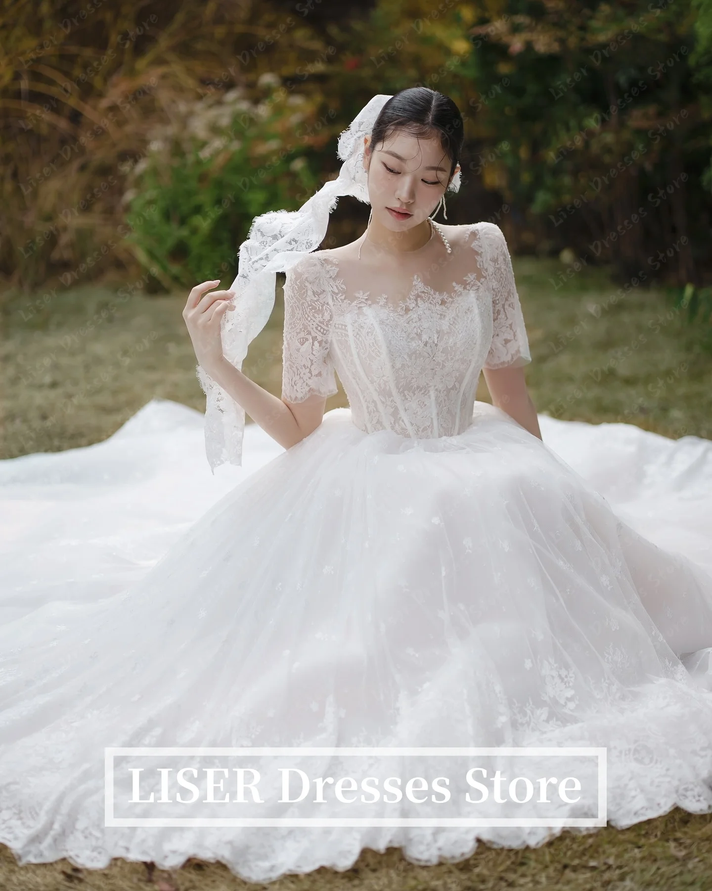 Liser O-Neck A-Line Korea Wedding Dresses Short Sleeve Silk Satin Bridal Wedding Party Dresses Photo Shoot Customized 웨딩드레스
