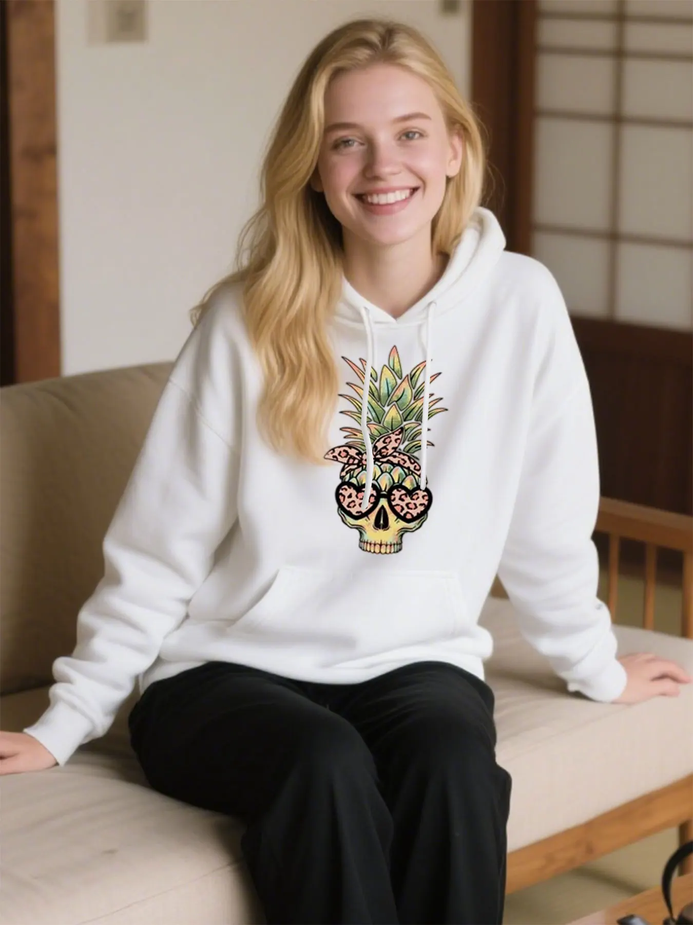 

Comfy Cotton Hoodie With Pineapple Skull & Leopard Print, Perfect For Christmas & Casual Wear