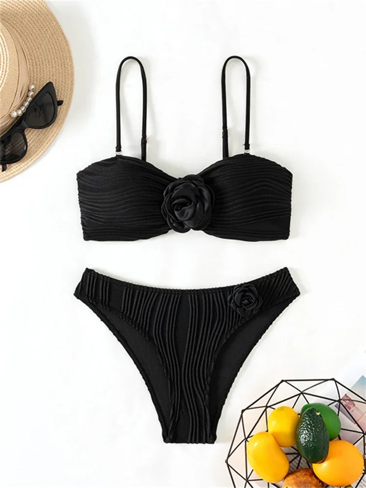

Sexy 3D Floral Bikini Set Women Black Pleate Push Up High Waist Swimsuit 2025 Summer Bathing Suit Holiday Two Piece Swimwear