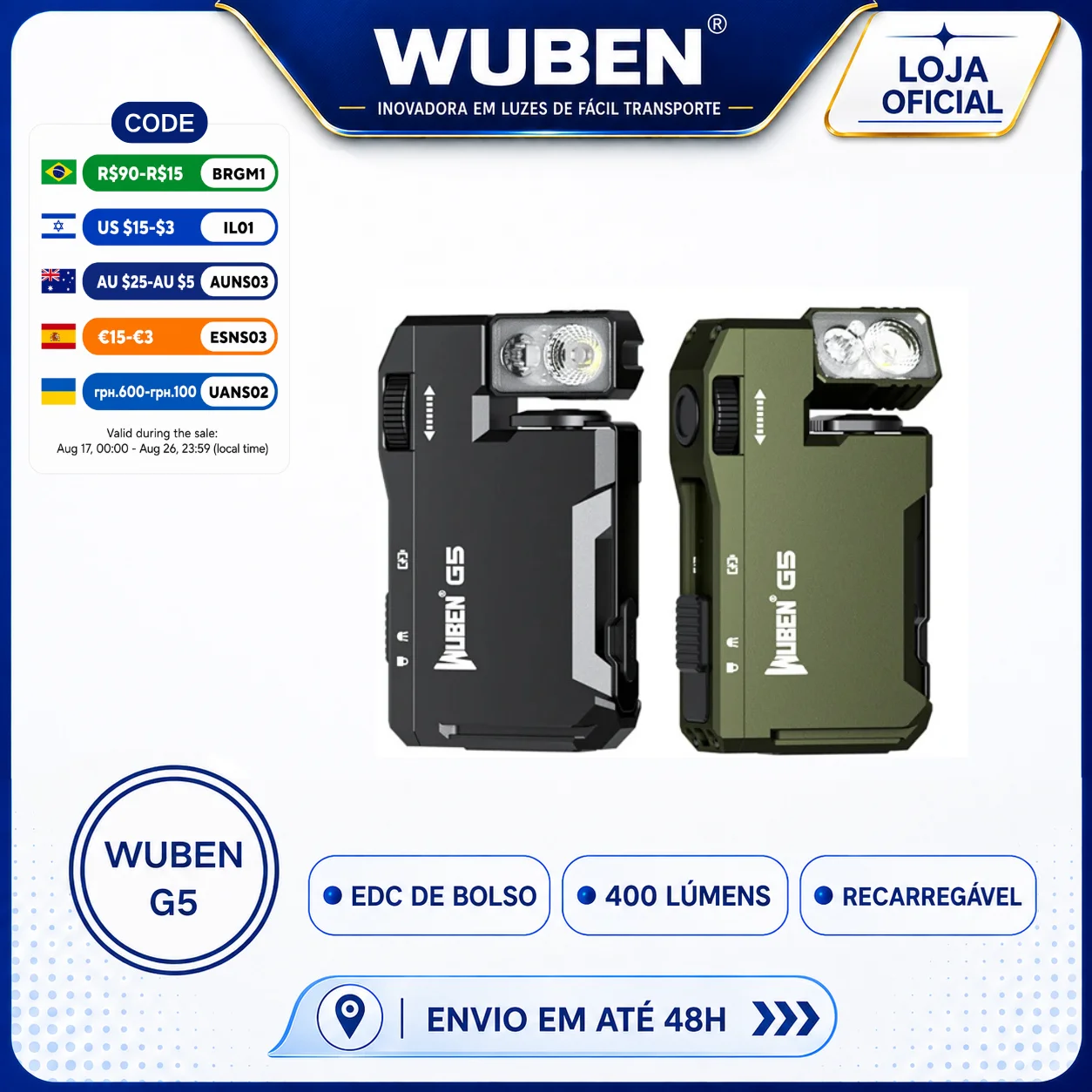 Lanterna Magnética EDC G5 WUBEN Multicolorida 400 Lúmens Recarregável USB-C com Chaveiro, Mãos Livres para Camping, Reparos em Carros, Uso Doméstico