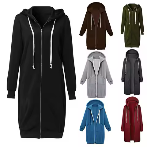 Plush Hooded Drawstring Women Jacket Thick Long Sleeves Zip Up Knee Length Autumn Coat Hooded Long Loose Winter Sweatshirt