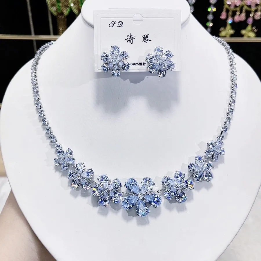 

Elegant Flower Crystal Jewelry Set Sparkling Necklace Earrings Sets 925 Sterling Silver Post Wedding Party Jewellery Accessories