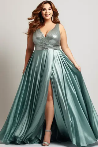 Flycurvy Plus Size Wedding Guest Lake Blue Satin Sparkly Wrap Slit Maxi Dress
