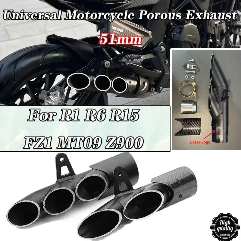 51mm Caliber Universal Modified Motorcycle Porous Outlet Exhaust Muffler Pipe For R1 R6 R15 FZ1 MT09 Racing Escape Moto Silencer