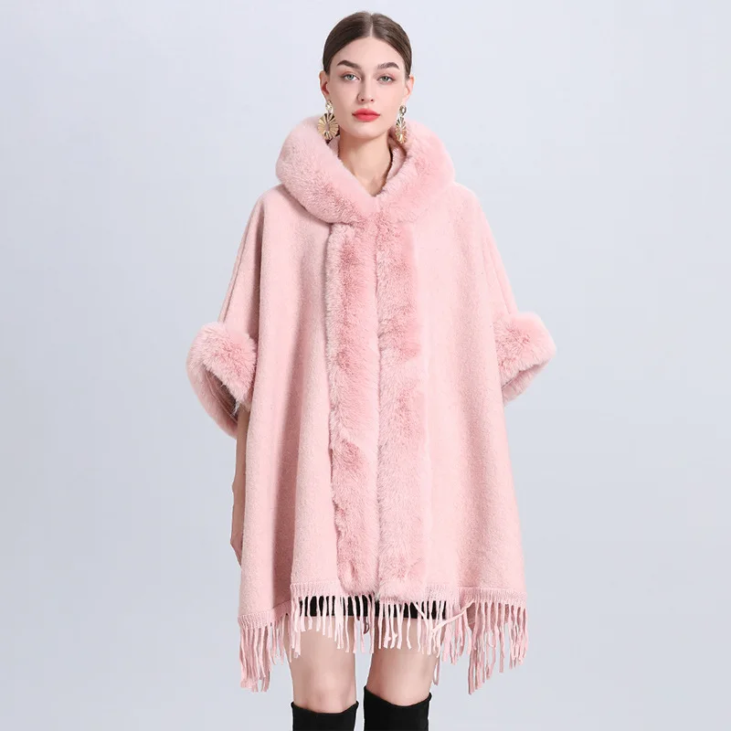 Hot Thick Elegant Solid Color Poncho Cape Shawl Winter New Rabbit Fur Collar Hooded Large Size Woolen Coat for Women