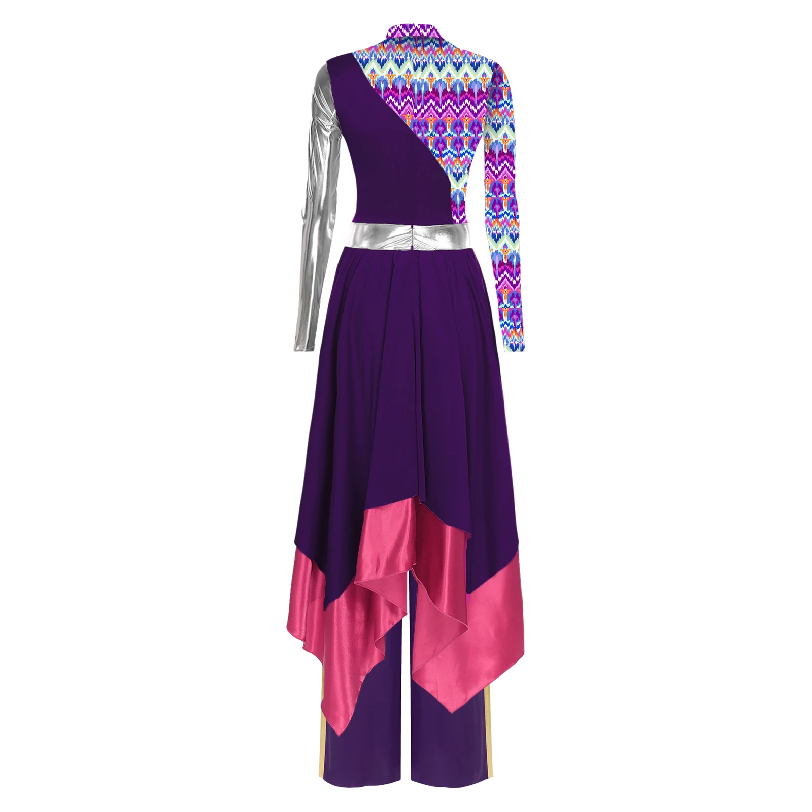 قطعتان من أزياء الرقص الليتورجي الأنيقة للنساء، سراويل مرقعة معدنية متدفقة وفستان مطبوع لأداء العبادة