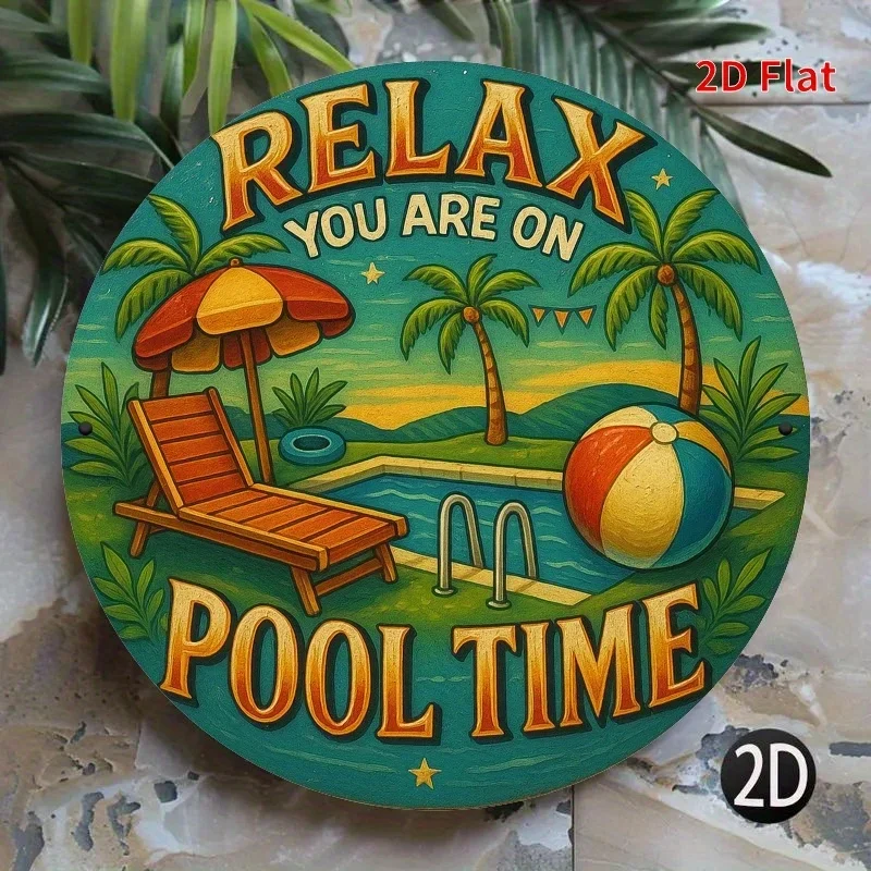 Letrero de Metal redondo Retro "Relax You're On Pool Time", arte de pared de playa Vintage con palmeras y sillones planos 2D, 1 ud.