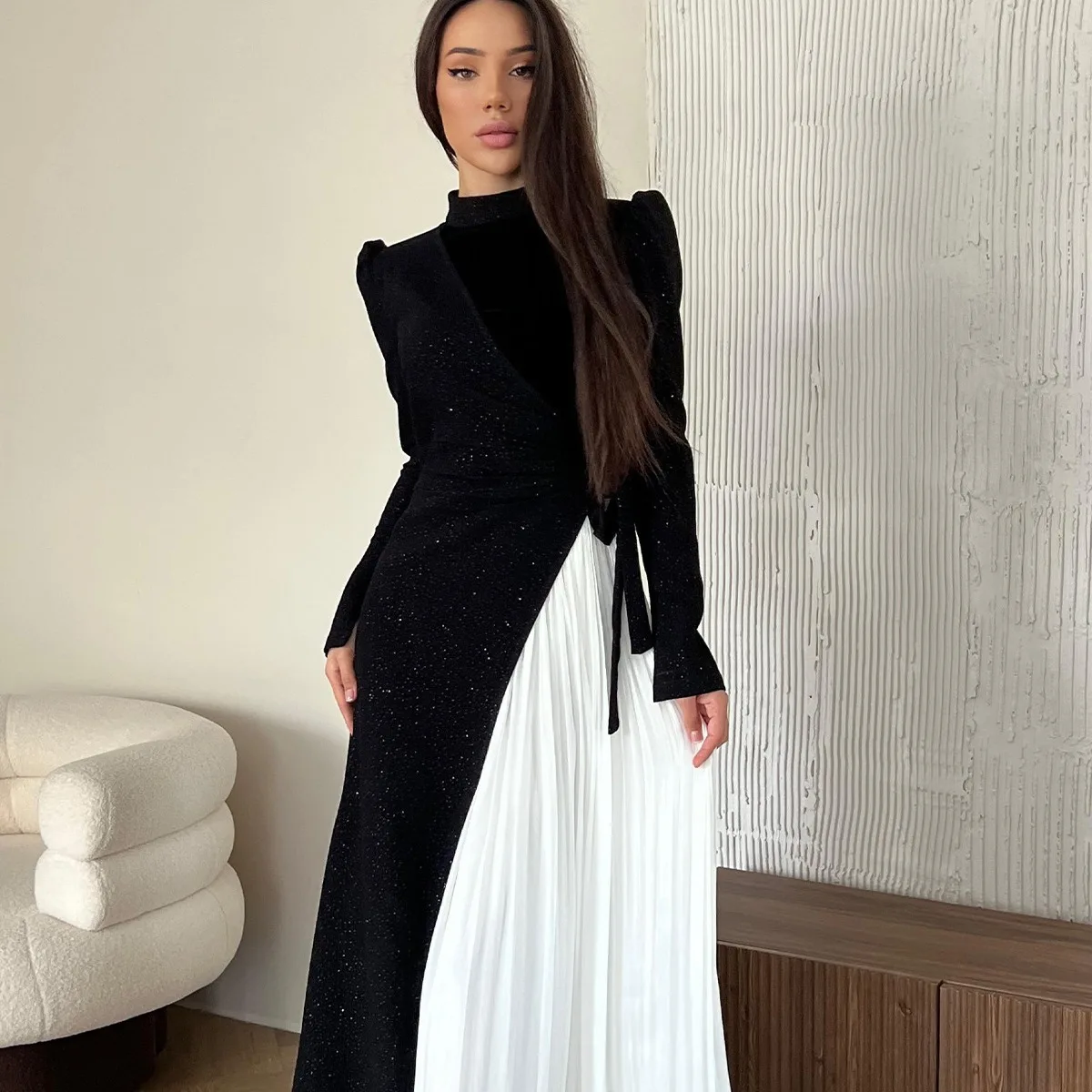 Spring Muslim Abaya Dress for Women O Neck Long Sleeve Robes Fashion Fold Evening Dresses Hem Robe Femme Turkey Vestido Kaftan