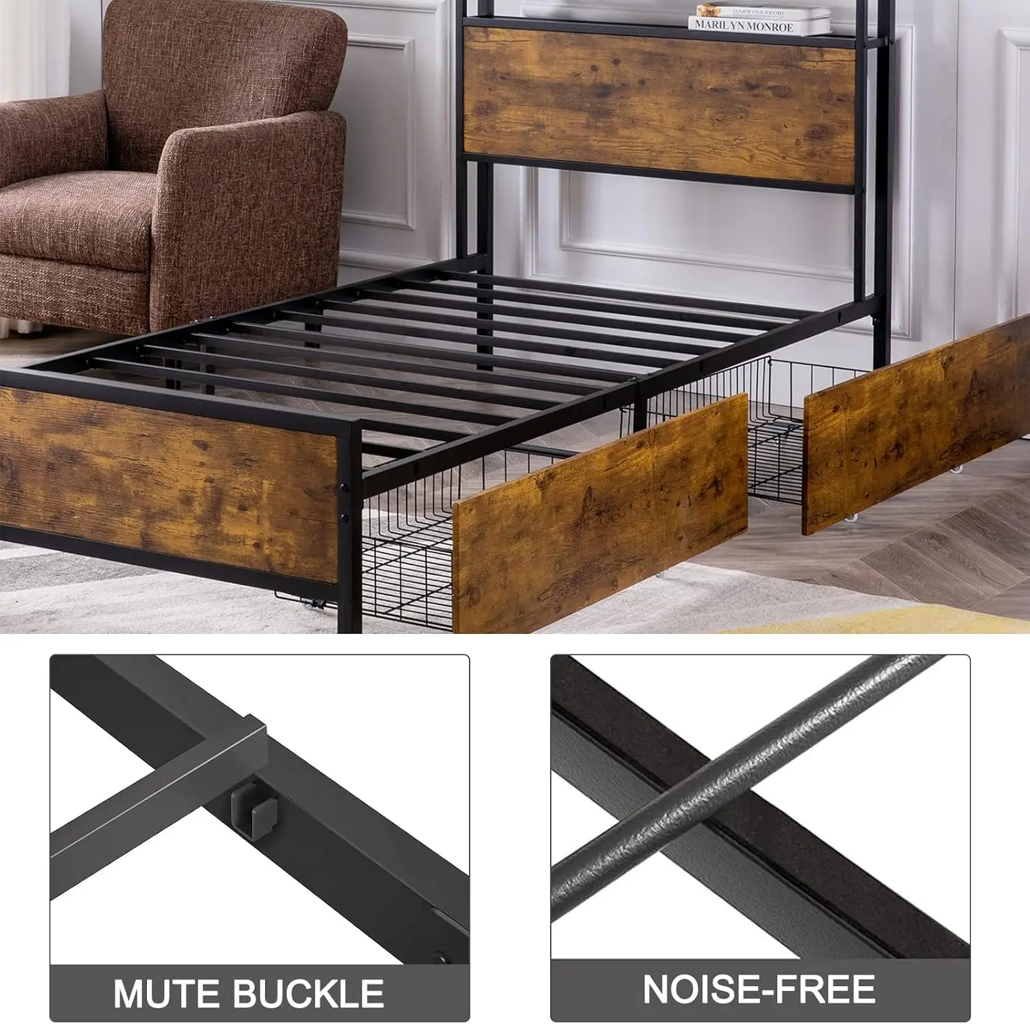 Cama de solteiro com gavetas de armazenamento, Plataforma Cama Frame com 2 Tiers Cabeceira, Forte Suporte Slat Metal, Sem Caixa, 2 XL