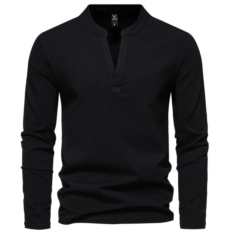 220g Secret Cotton Autumn New Men's Henry Collar Standing Collar Long Sleeved T-shirt Solid Color Base Shirt Large