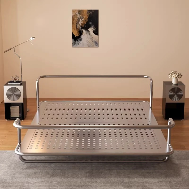 

Italian stainless steel, minimalist, suspended double bed, modern metal industrial style, steel tube Bauhaus iron frame bed