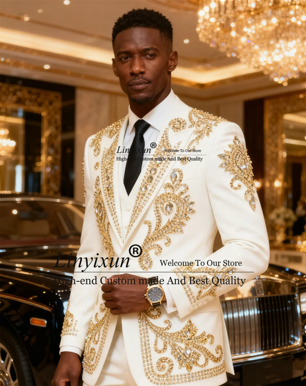 

Shinny Metal Embellished Outfit Men Suits Peaked Lapel Groom Tuxedos Customized Wedding Blazers 3 Pieces Sets ropa hombre