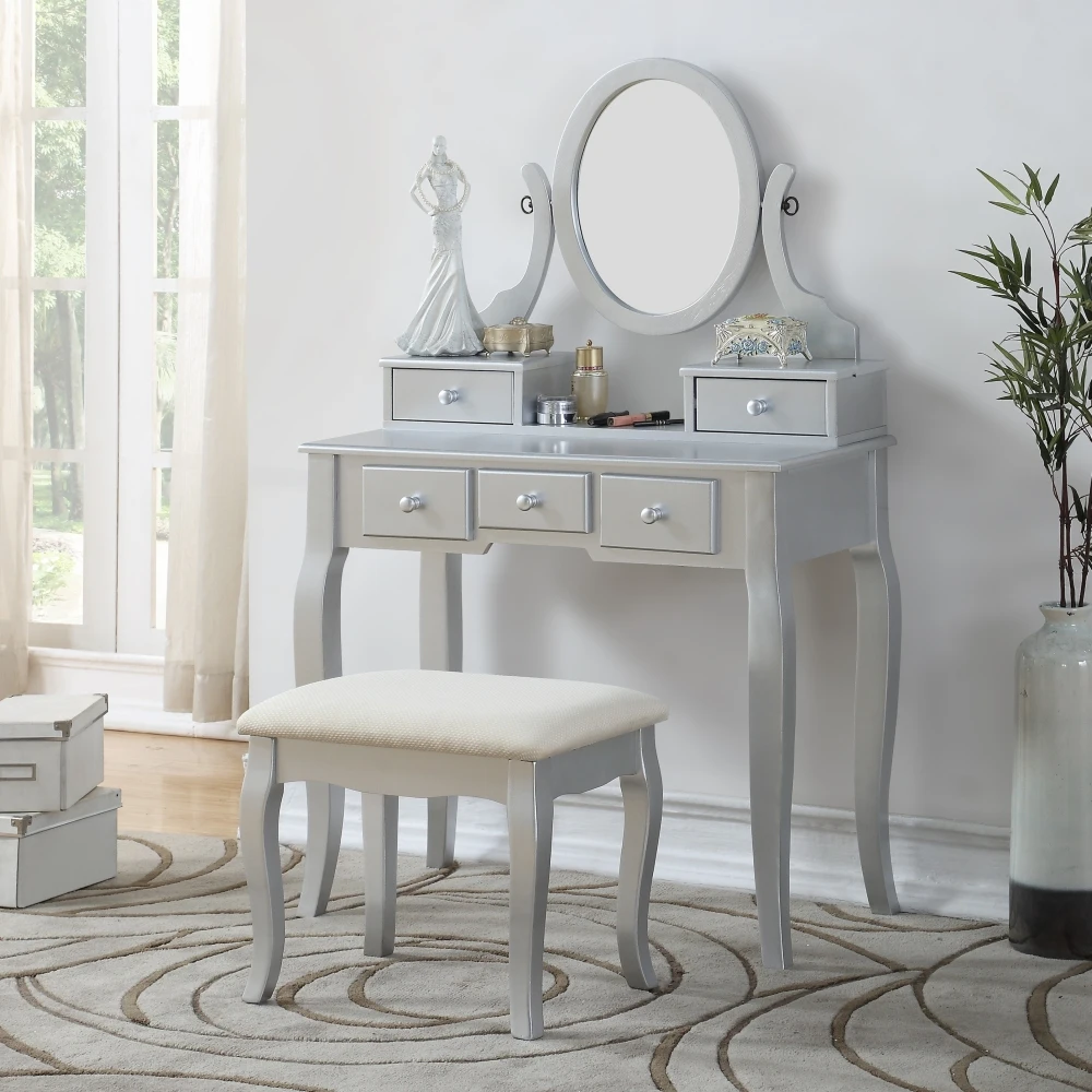 Ashley Wood Make-Up Vanity Table and Stool Set, Silver