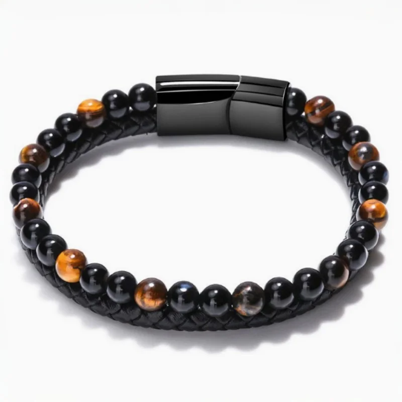 Natural Tiger Eye stones Lava Stone 6mm Leather Braided Double Layer Bracelet Men's Boho Healing Jewelry for Grounding Courage
