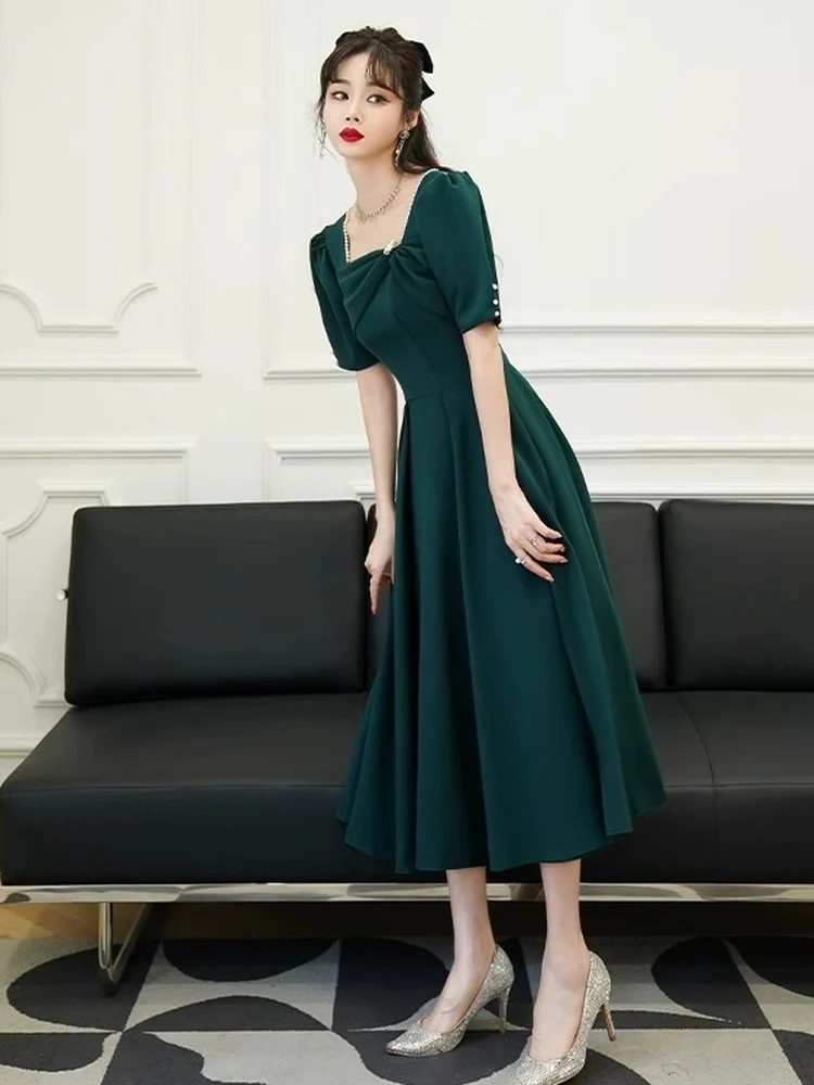 Ele Abito da sera estivo da donna di fascia alta semplice compleanno per adulti Par Host Dr coreano Sle cerniera colletto quadrato a vita media