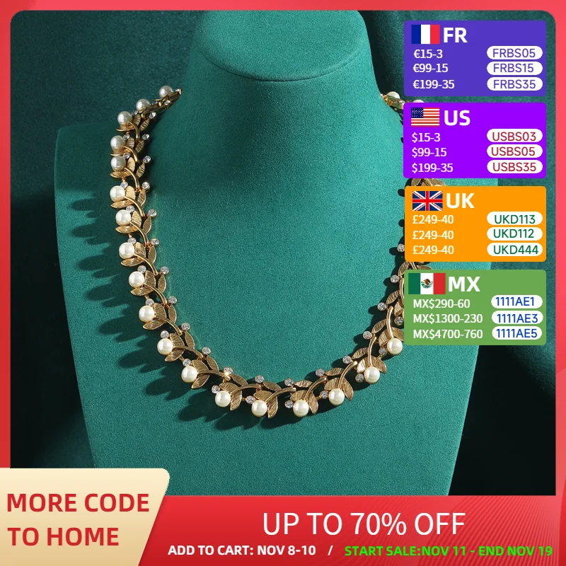 

Vintage Fashion Pearl Necklace Jewelry Antique Gold Color Leaf Round Beads Elegance Collar Accessories for Women Baroque Style