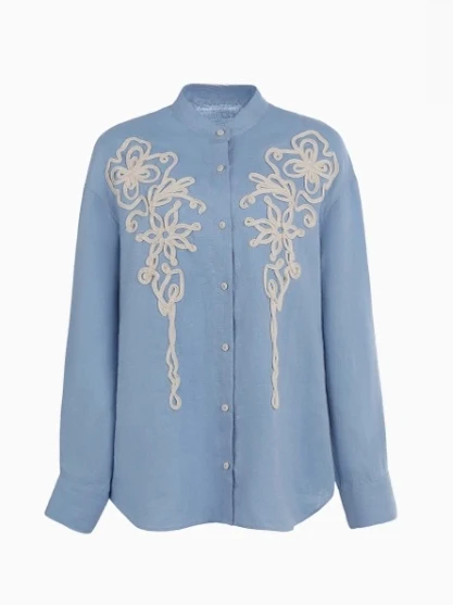 الرجعية الأزرق الأبيض القطن الكتان المطرزة عارضة Faion المرأة الصيف irt الكورية Sle فضفاضة تناسب طويلة Sve زر حتى