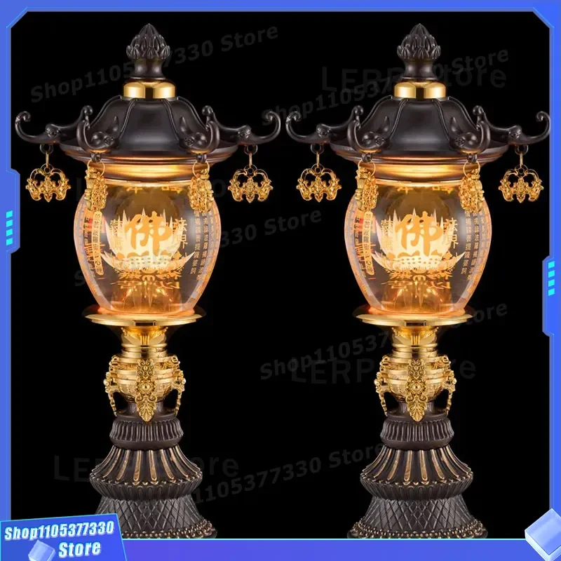 Vintage Palace Style Lotus Lamp Buddhist Heart Sutra Light Antique Plug in Buddha Statue Supply for Home Temple Hall Long