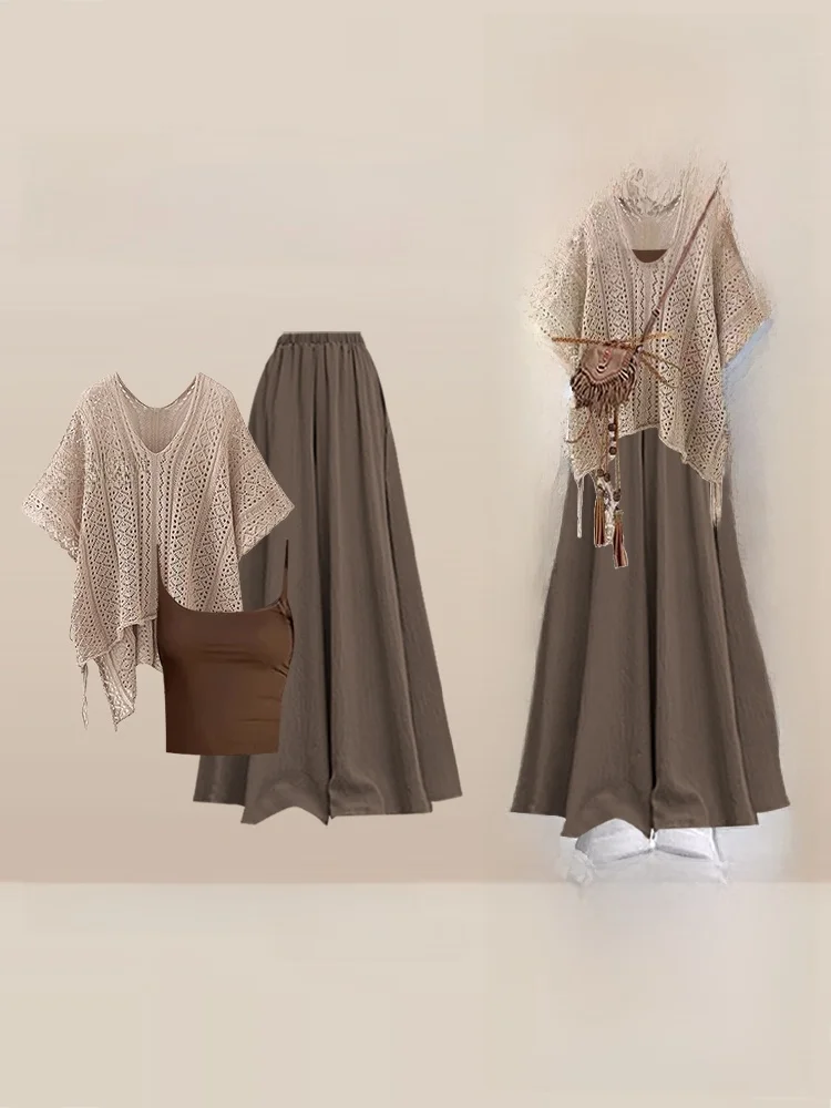 

Вязаная майка и жилет, повседневная свободная юбка, комплект из футболки для женщин, осенний сезон, ансамбль Faion