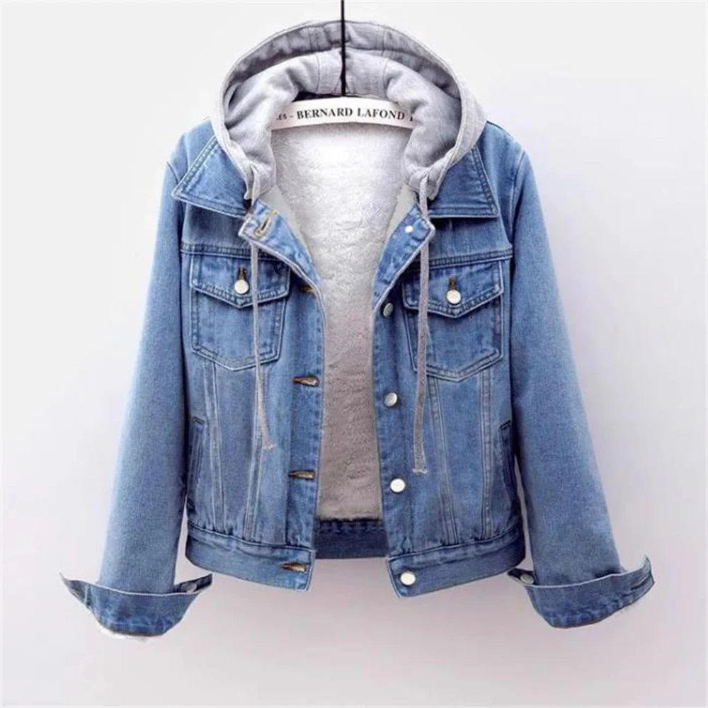 Women's Slim Denim Jacket with Detachable Hood Short Denim Coat Warm Streetwear Winter Clothes Autumn 5XL 2024