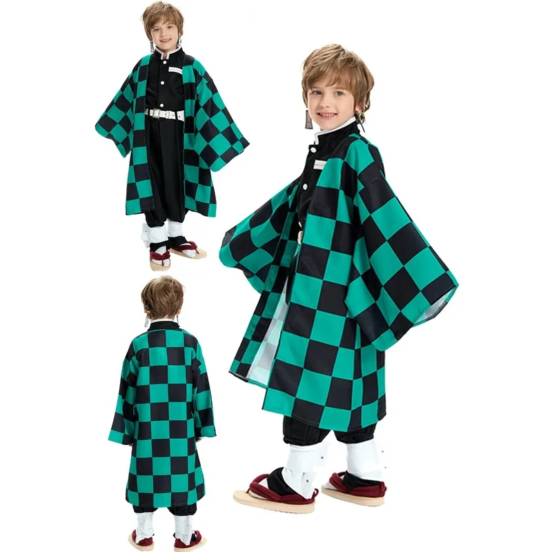 

FC6Kids Kamado Tanjirou Cosplay Anime Demon Cos Slayer Costume Cloak Set Halloween Carnival Suit Disguise For Boys Children@FC8！