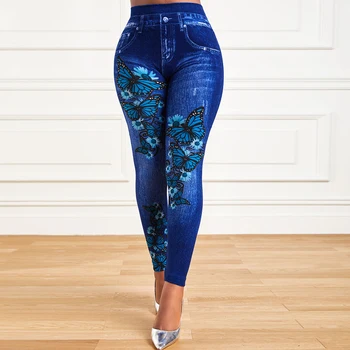 Plus Size Donna oversize Vita alta Elastico Legging Denim Lo...