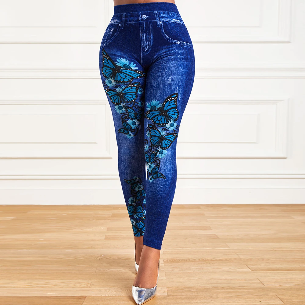 Plus Size Donna oversize Vita alta Elastico Legging Denim Look Skinny Jeggings Moda donna Stampa Pantaloni a matita Abbigliamento 2023
