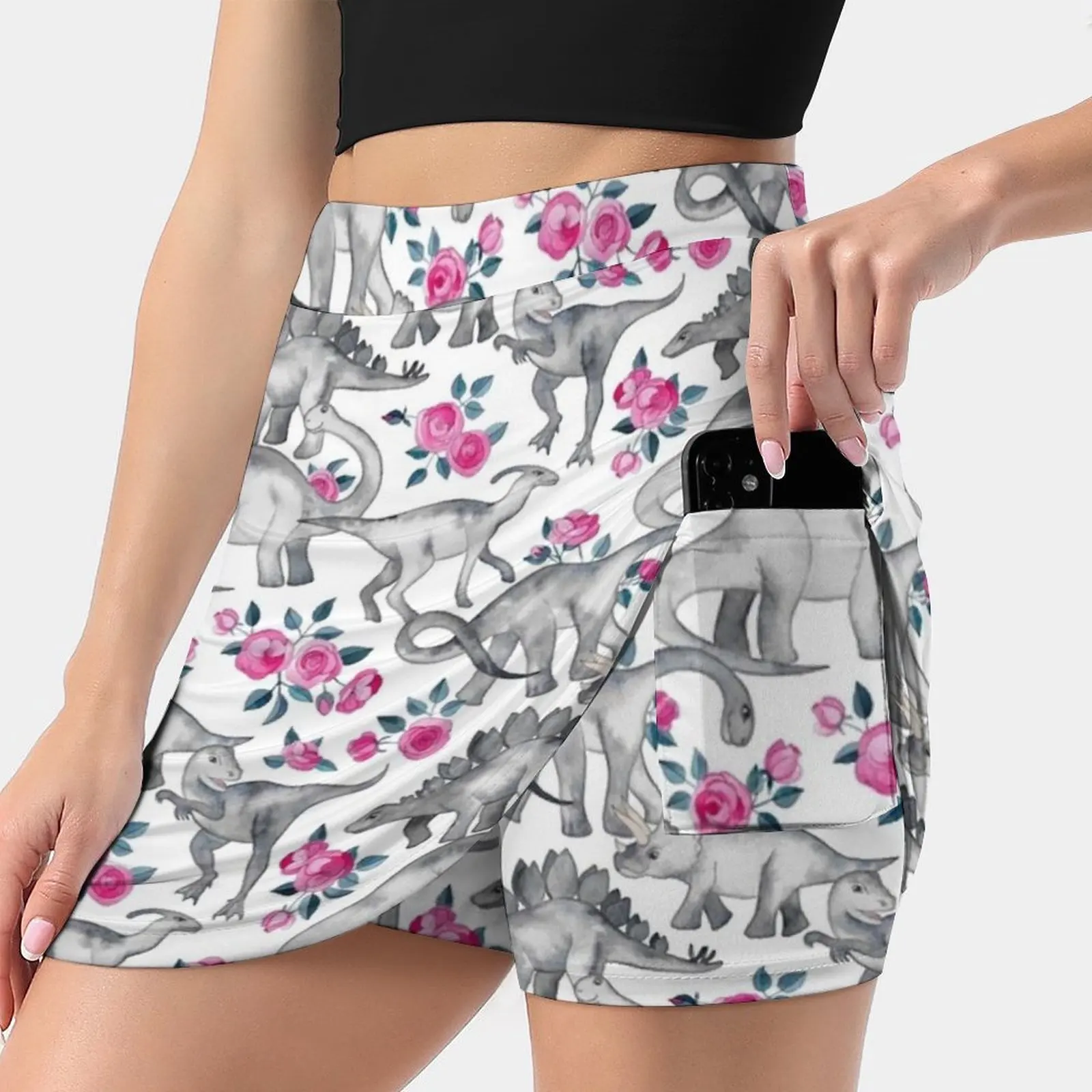 Dinosaurs And Roses – White Women's skirt With Hide Pocket Tennis Skirt Golf Skirts Badminton Skirts Running skirts Painted