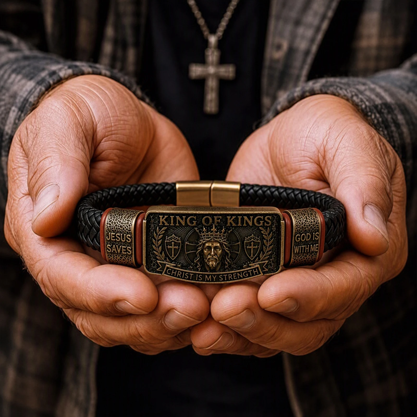 Decorative Faith Bracelet PU Leather Religious Inspirational Wristband Christian Braided Wristbands Gift for Men Husband Dad