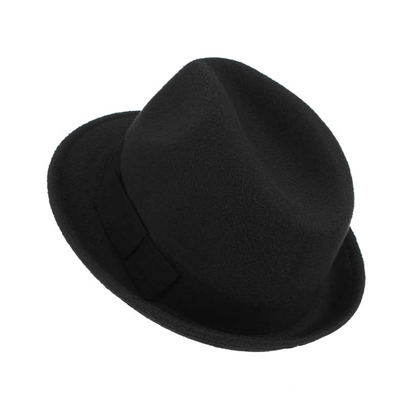 Unisex Roll Up Short Brim Felt Fedora Hats with Black Ribbon Women Men Trilby Jazz Hat