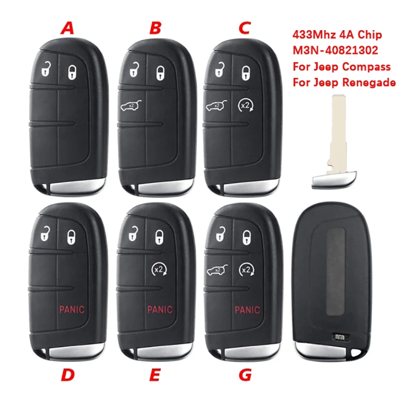 CN086038 Aftermarket Smart Key For Jeep Compass Renegade Remote Control 433mhz 4A Chip Keyless Entry SIP22 Blade M3N-40821302