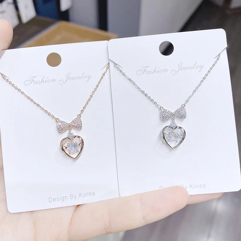 

Dainty Heart Bow Necklace S925 Sterling Silver Fully Pavé CZ Choker Korean Style Everyday Layering Jewelry