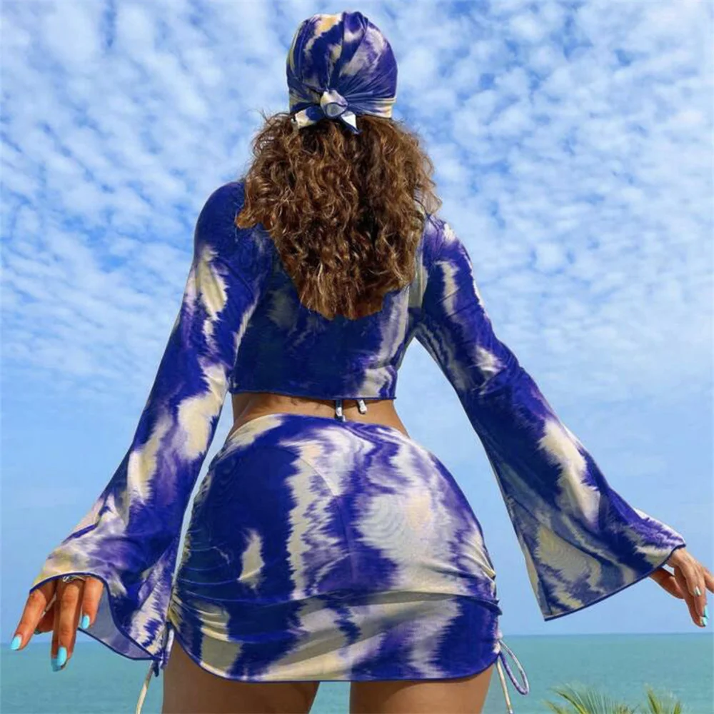 Sexy Gradient Blue Bikini Vintage Tie Dye Mesh Cover-Up Beach Swimwear 5piece Long Sleeve Bandage Swimsuit Women Vacation Outfit