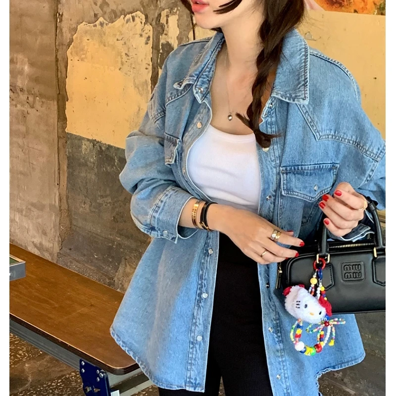 

Women's Classic Double ket Denim irt Loose Fit Vintage Waed Slimming Versatile Button up Long Sve Cotton Top