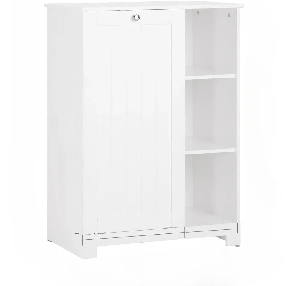 

White Bathroom Laundry Cabinet with Tilt-Out Laundry Hamper and 3 Shelves, Bathroom Storage Cabinet Unit