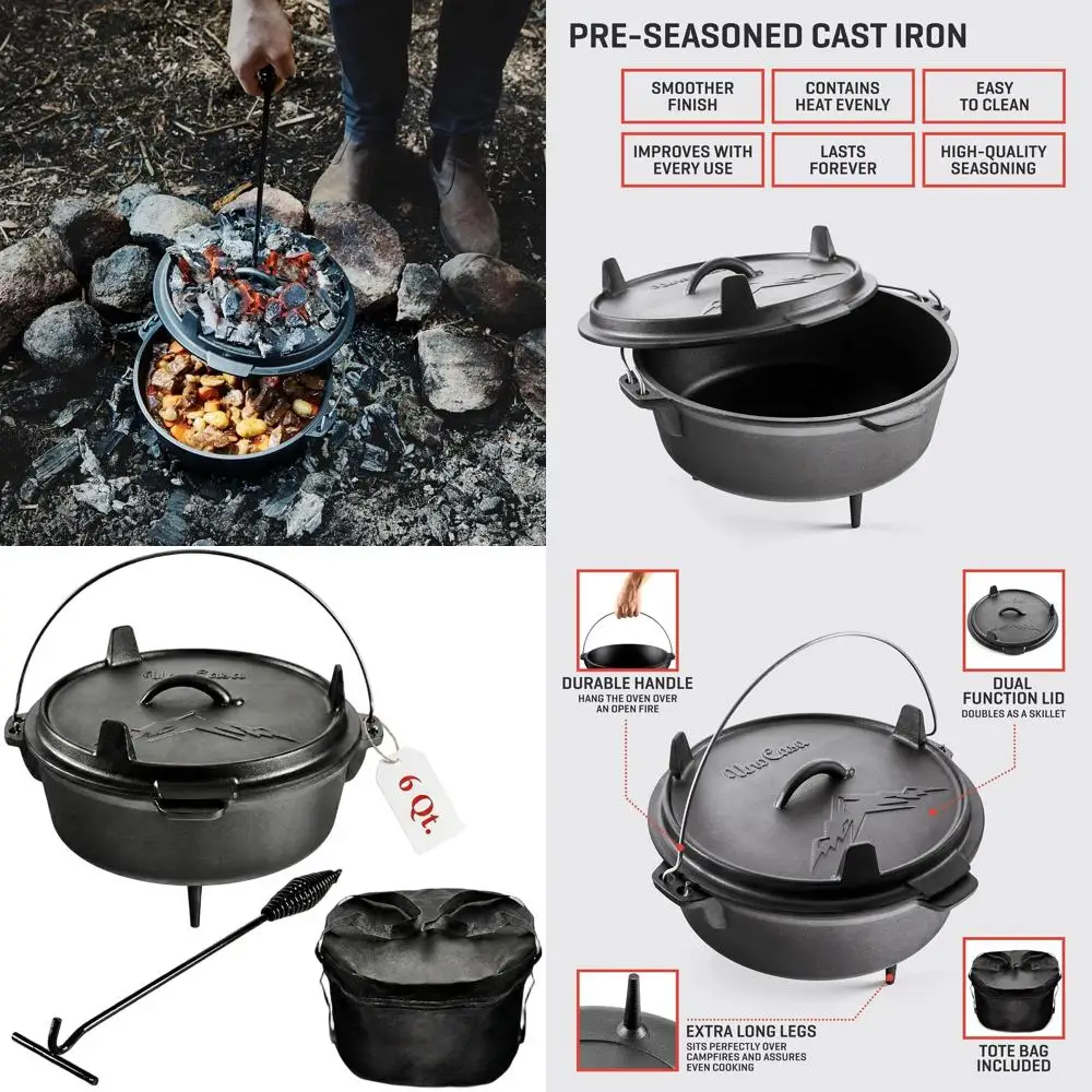 

Pre-Seasoned 6Qt Cast Iron Dutch Oven with Lid and Storage Bag - Ideal for Outdoor Cooking, Stews, and Baking on Camping Trips