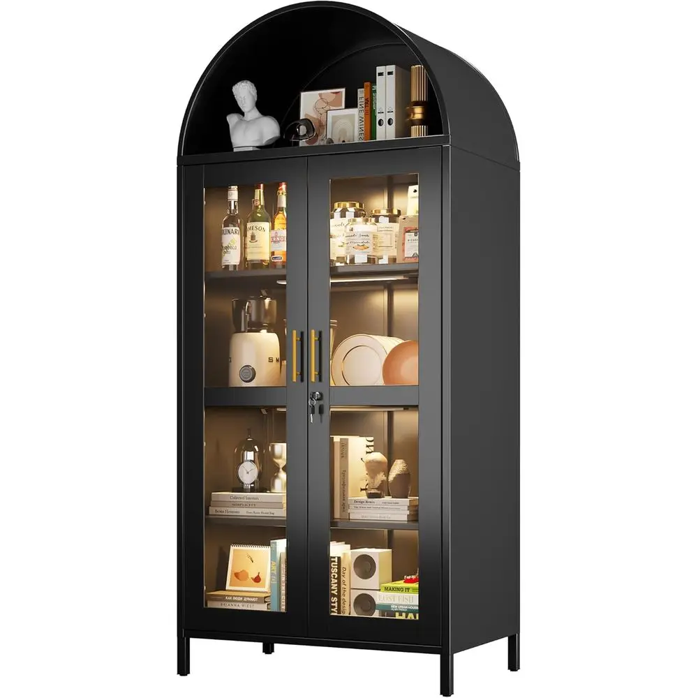 78.74 High Metal Arched Cabinet with Lock, LED Light Strip, Glass Doors, Adjustable Shelves - Ideal for Dining Room, Home Use, B