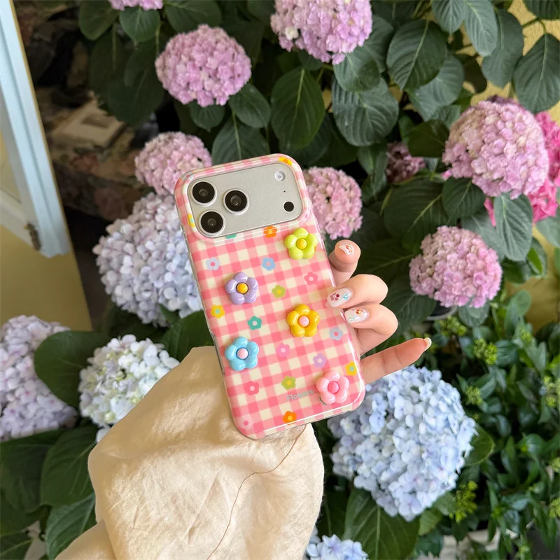 

Kawaii 3D Flower Pink Plaid Phone Case For iPhone 17 16 15 Pro Max Cute Shockproof Protective Cover For Girls