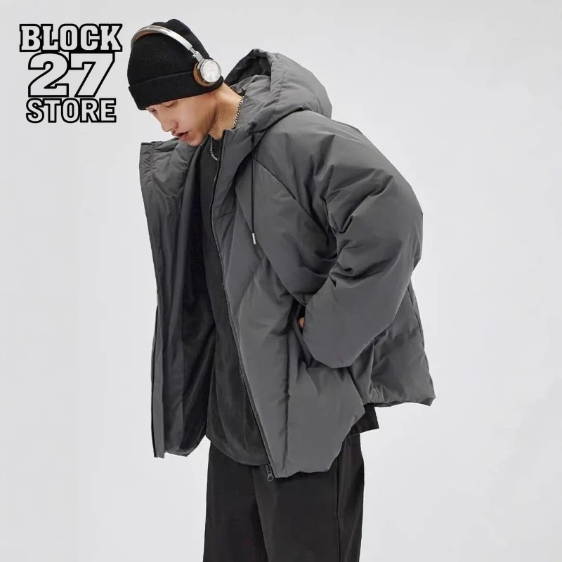 

Mens Jacket Harajuku Streetwear Winter Down Coat Thickened Solid Color Hooded Jacket Loose Fit Sport Casual Sleeve Versatile