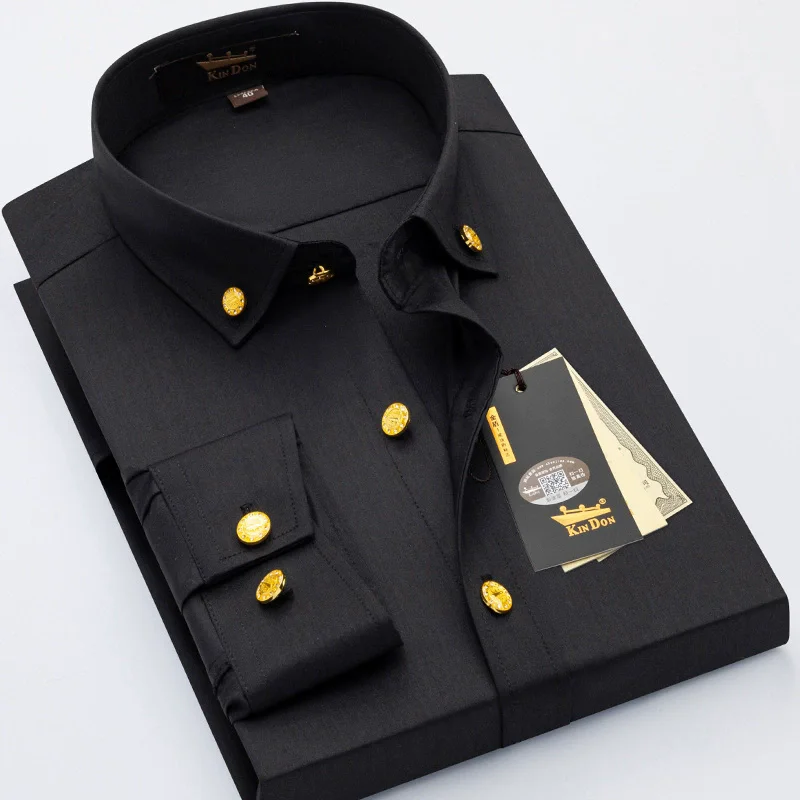 2026 Men\'s Diamond Button Long-sleeved Shirt Male Business Casual Slim Copper Button Dress Shirt Top Quality Groom Wedding Shirt