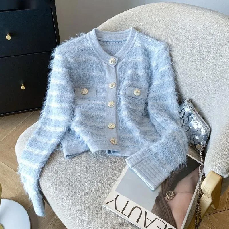 

Faux Mink Knit Cardigan Sweater Women Stylish Chic Streetwear Ladies Knitwear Tops Long Sleeve Single-breasted Jumpers 2025