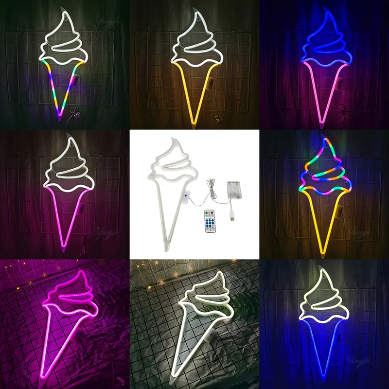 Remote Control Ice Cream Neon Light Sign LED Modeling Advertising Lamp Nightlight USB &Battery Box Decor Shop Home Wall Bar Club