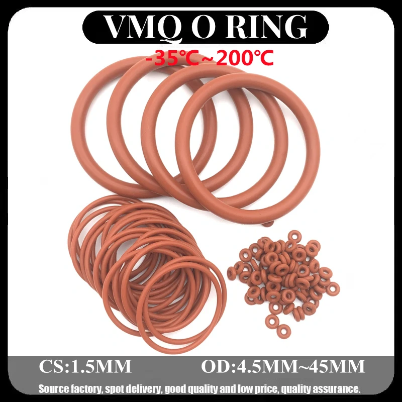 

50pcs Red VMQ Silicone O Ring CS 1.5mm OD 4.5mm ~ 45mm FoodGrade Waterproof Washer Rubber Insulated O Shape Seal Gasket